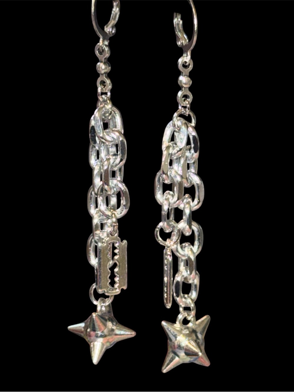 Handmade Silver Chain Drop Earrings with Flail & Razor Blade Charms